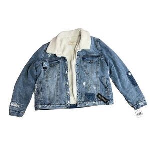 Blanknyc faux shearling trim patched Demin jacket in ice‎ road trucker size L